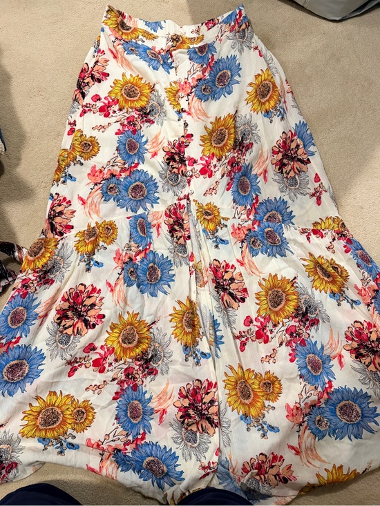 Dresses & Skirts - Floral Sunflower Print Button-Front Maxi Skirt - White/Multicolor